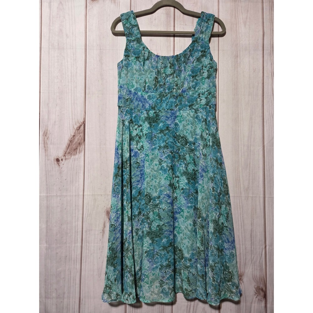 Connected Apparel Women's 8P Blue Green Floral Chiffon Fit Flare Dress Midi